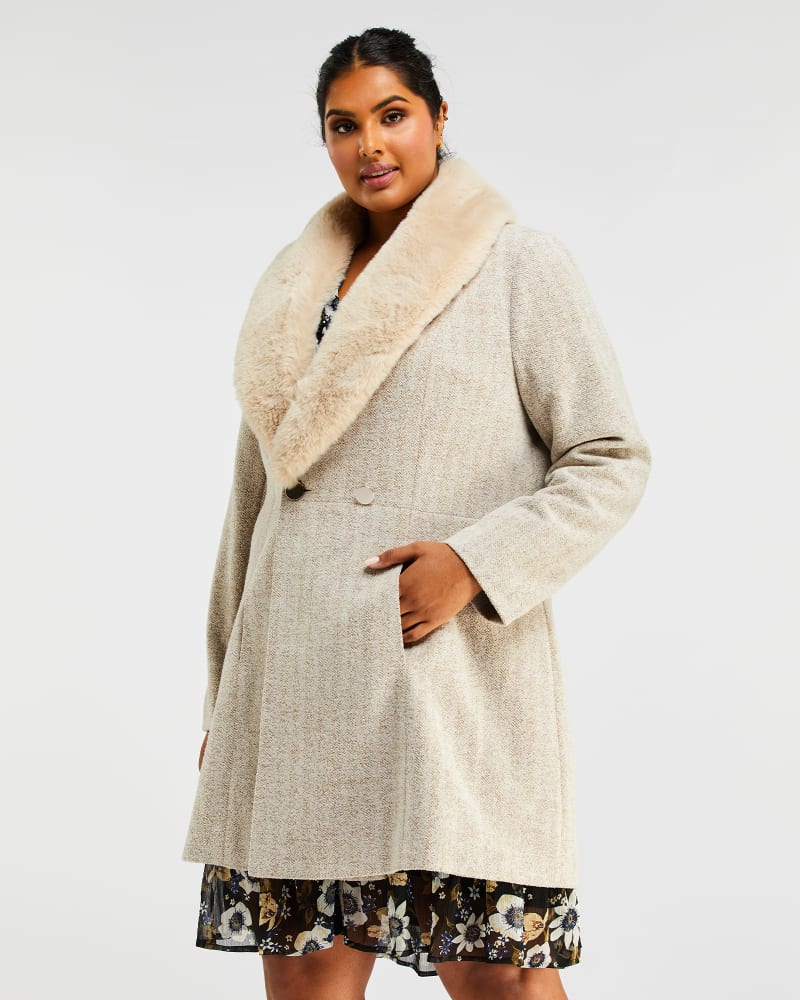 Front of a model wearing a size 16W Grammys Coat in Oatmeal by Estelle. | dia_product_style_image_id:235034